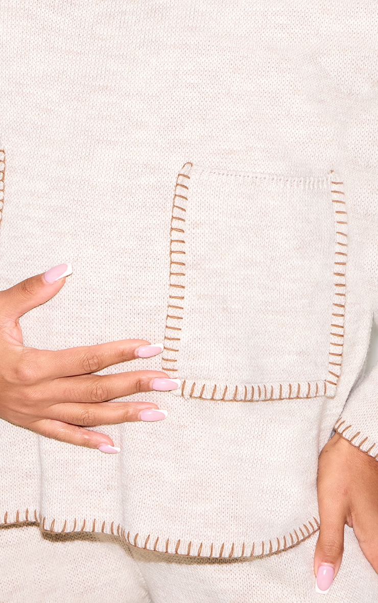 Maternity Oatmeal Knitted Contrast Stitch Pocket Detail Jumper image 4