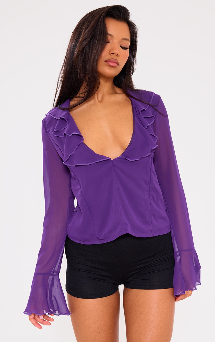 Aubergine Frill Plunge Long Sleeve Frill Cuff Blouse image 3