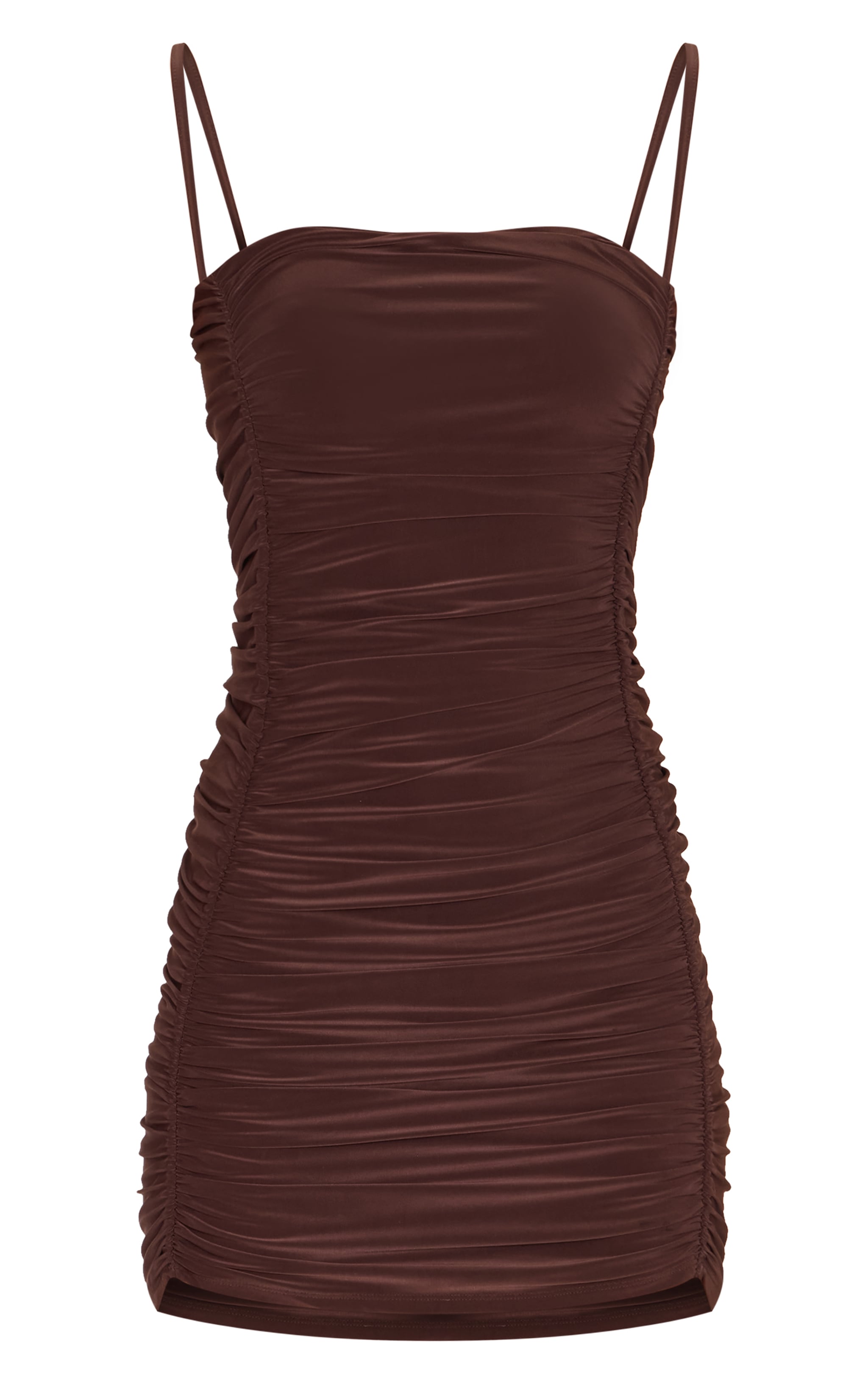 Chocolate Brown Slinky Twisted Strap Ruched Seam Bodycon Dress image 5