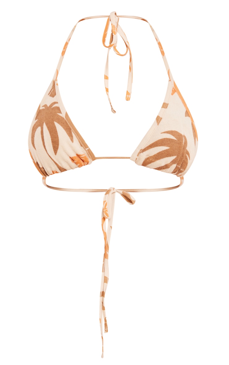 Cream Leaf Print Toweling Triangle Bikini Top image 1