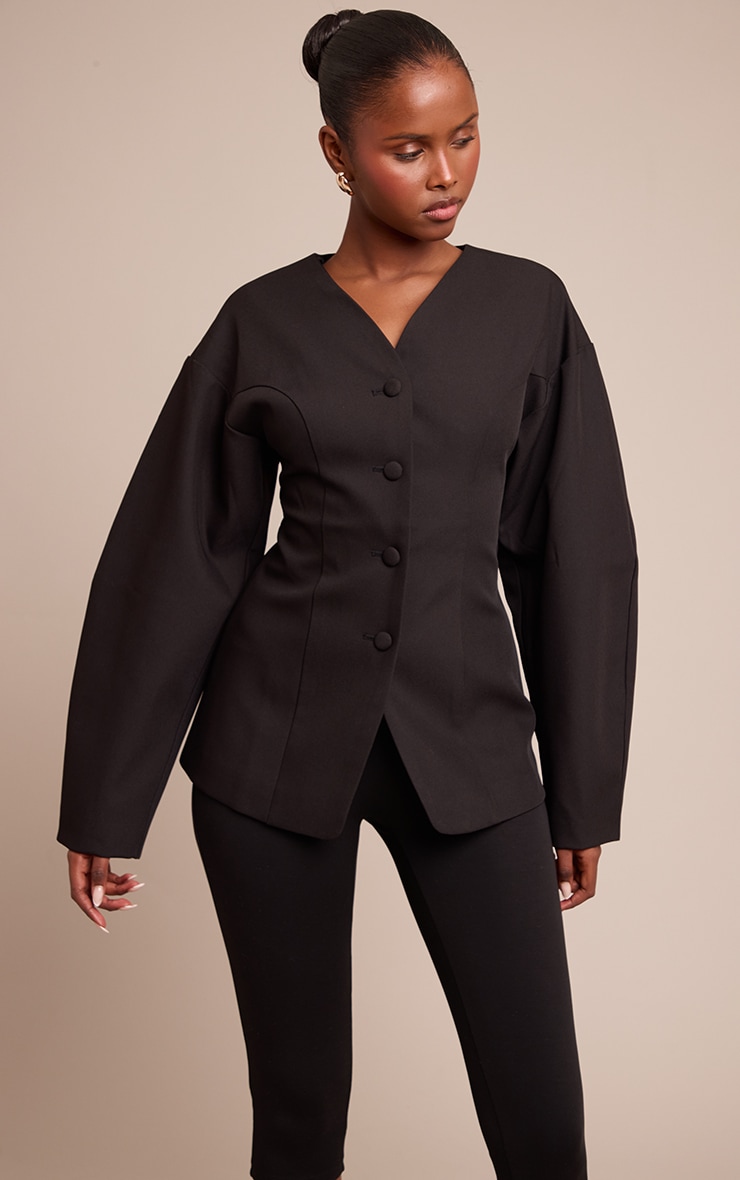 Black Collarless Fabric Covered Button Blazer image 1