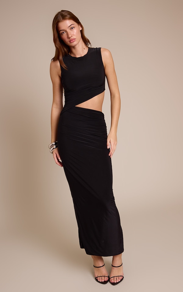 Black Double Layer Slinky Cut Out Maxi Dress