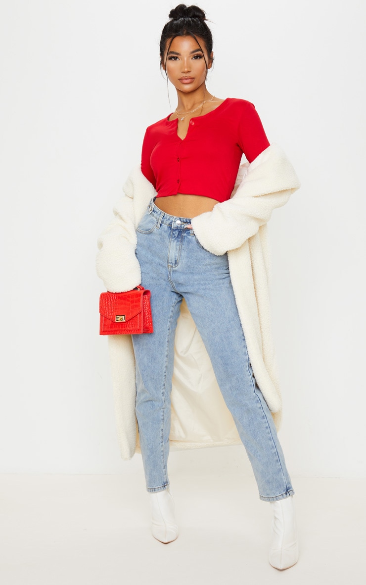 Red Button Front Long Sleeve Crop Top image 4