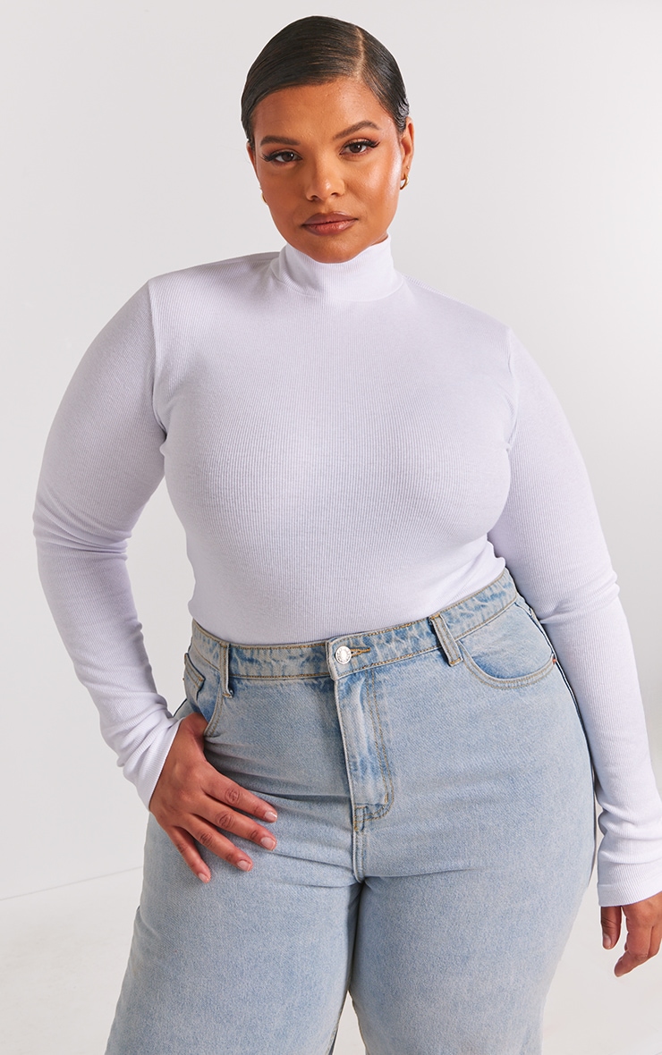 Plus White Basic Rib Long Sleeve High Neck Bodysuit image 1