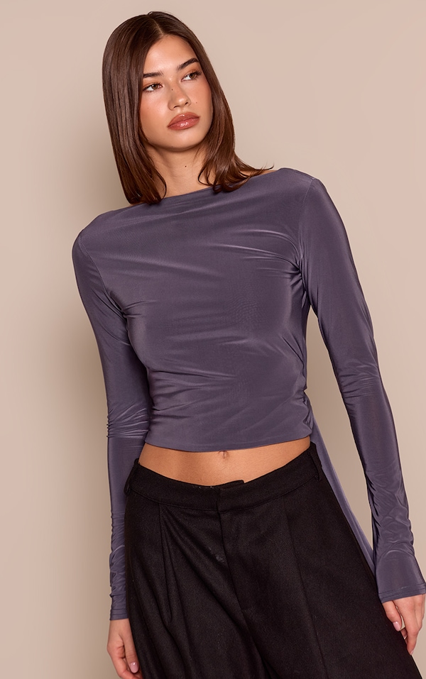 Slate Grey Slinky Draped Asymmetric Open Back Long Sleeve Top