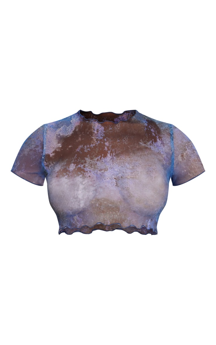 Blue Printed Mesh Lettuce Hem Short Sleeve Crop Top image 5