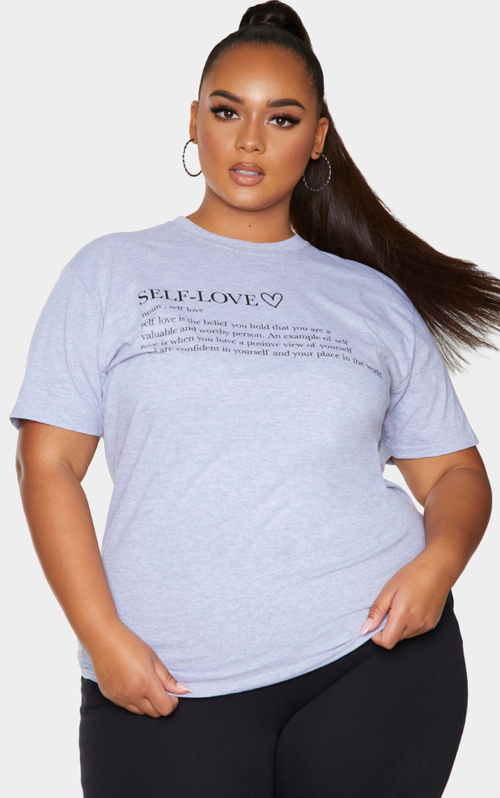 Plus Grey Self Love Slogan T-Shirt