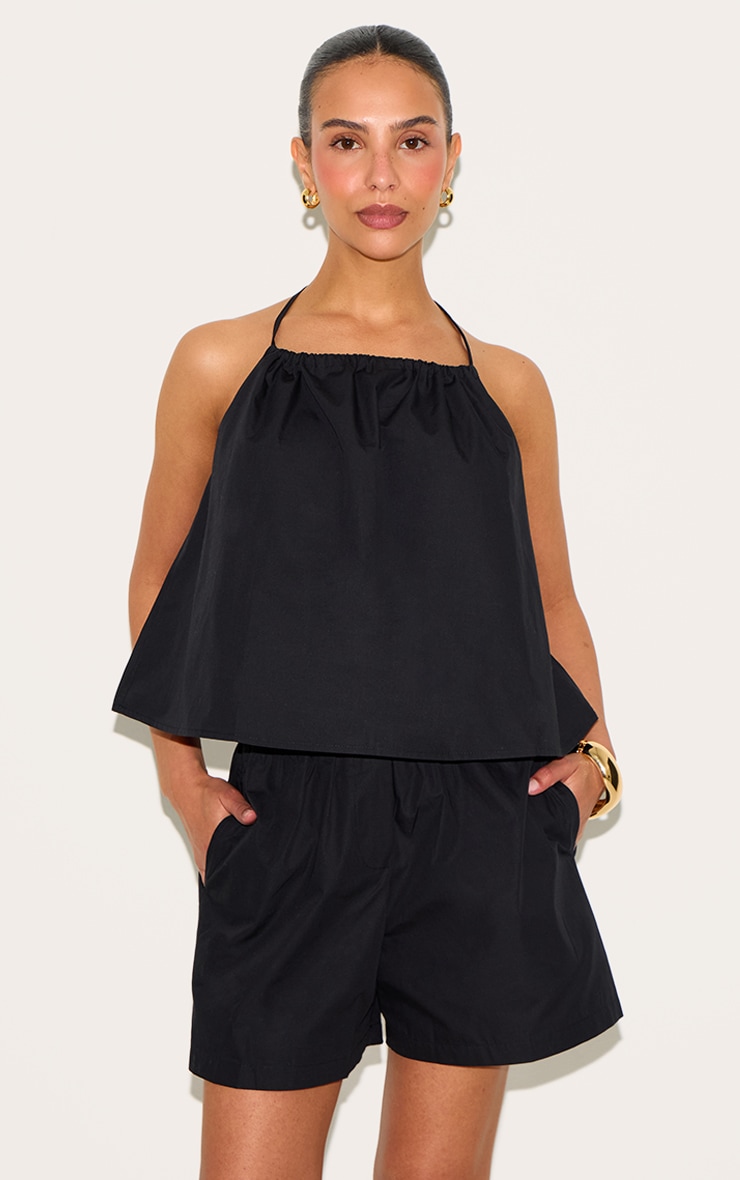 Petite Black Poplin Low Back Halterneck Top image 1