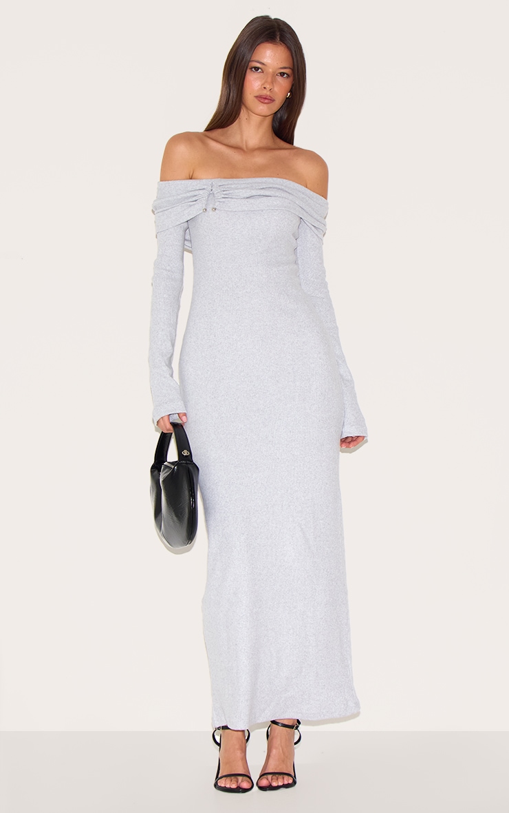 Ash Grey Heavy Brushed Rib Bardot Trim Maxi Dress image 1