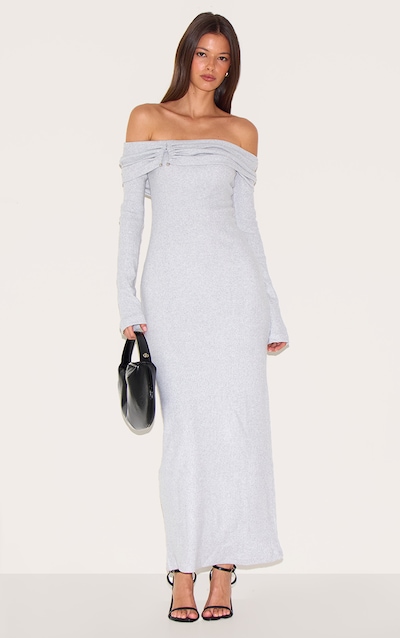 Ash Grey Heavy Brushed Rib Bardot Trim Maxi Dress