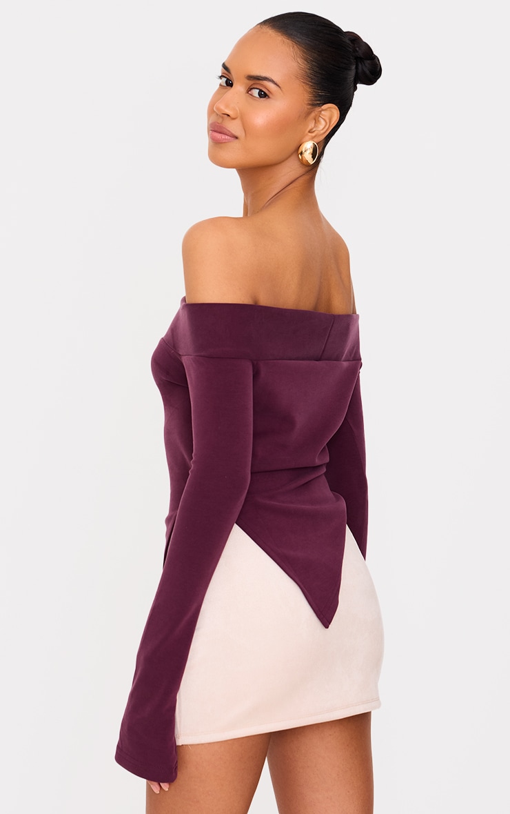 Burgundy Premium Soft Touch Fold Bardot Asymmetric Top image 2