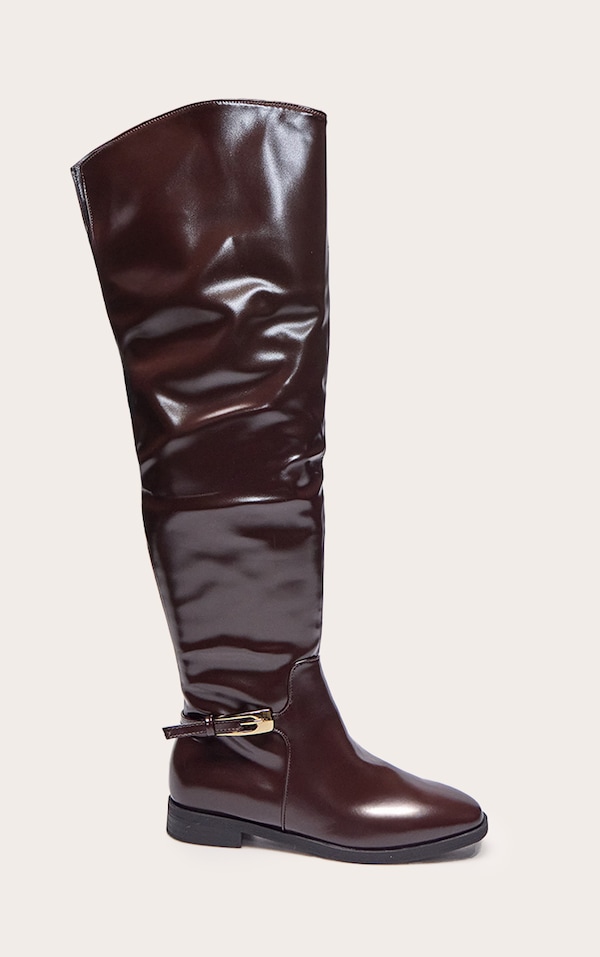Chocolate Patent Buckled Over The Knee Flat Boot