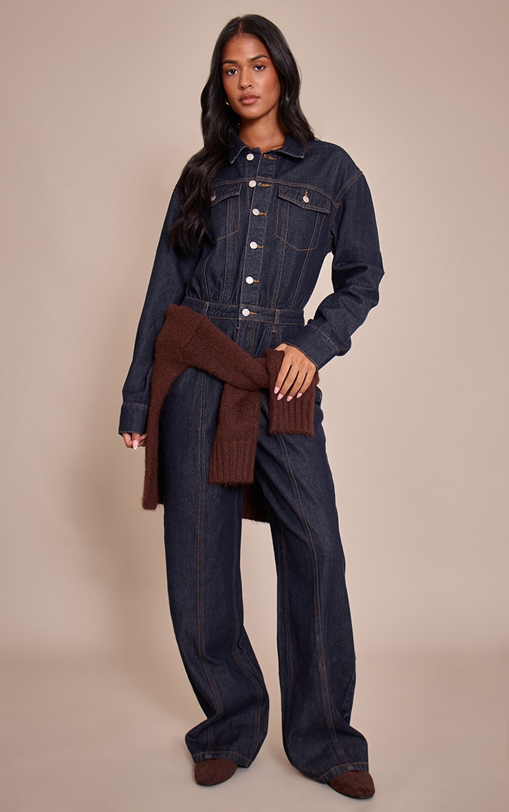 Tall Indigo Contrast Stitch Long Sleeve Denim Jumpsuit image 3