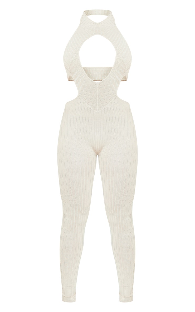 Oatmeal Knitted Cut Out Jumpsuit Knitwear PrettyLittleThing SA