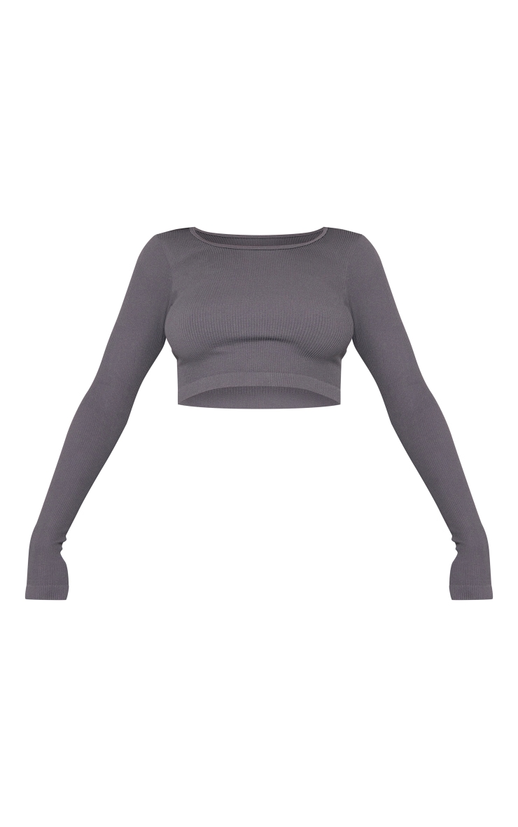 Charcoal Structured Contour Ribbed Round Neck Long Sleeve Crop Top image 5