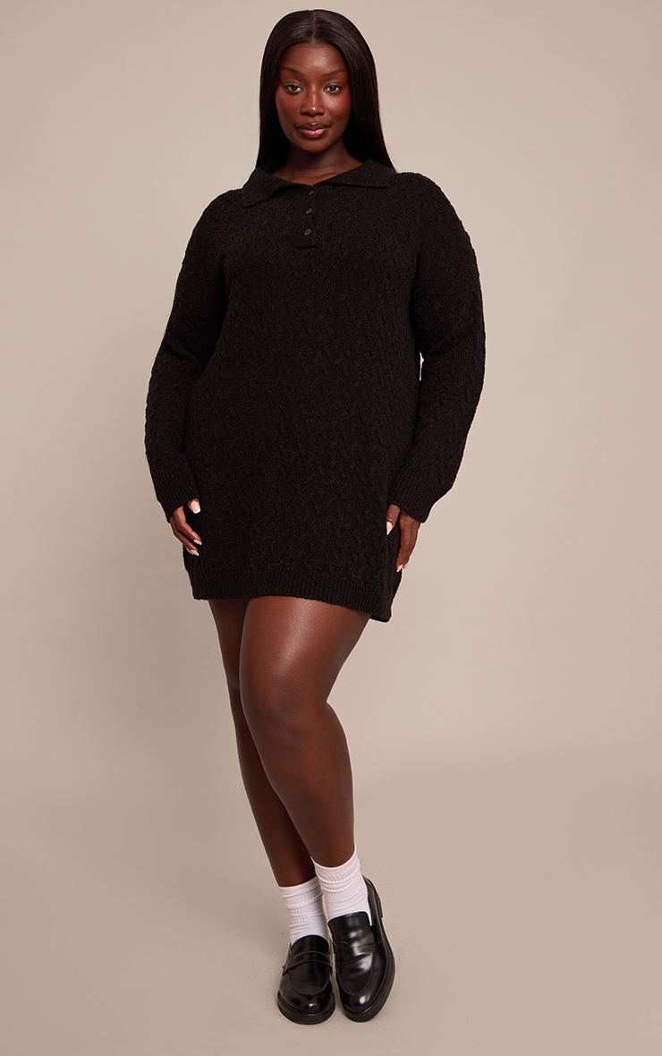Plus Black Boucle Cable Knit Mini Shirt Dress image 3