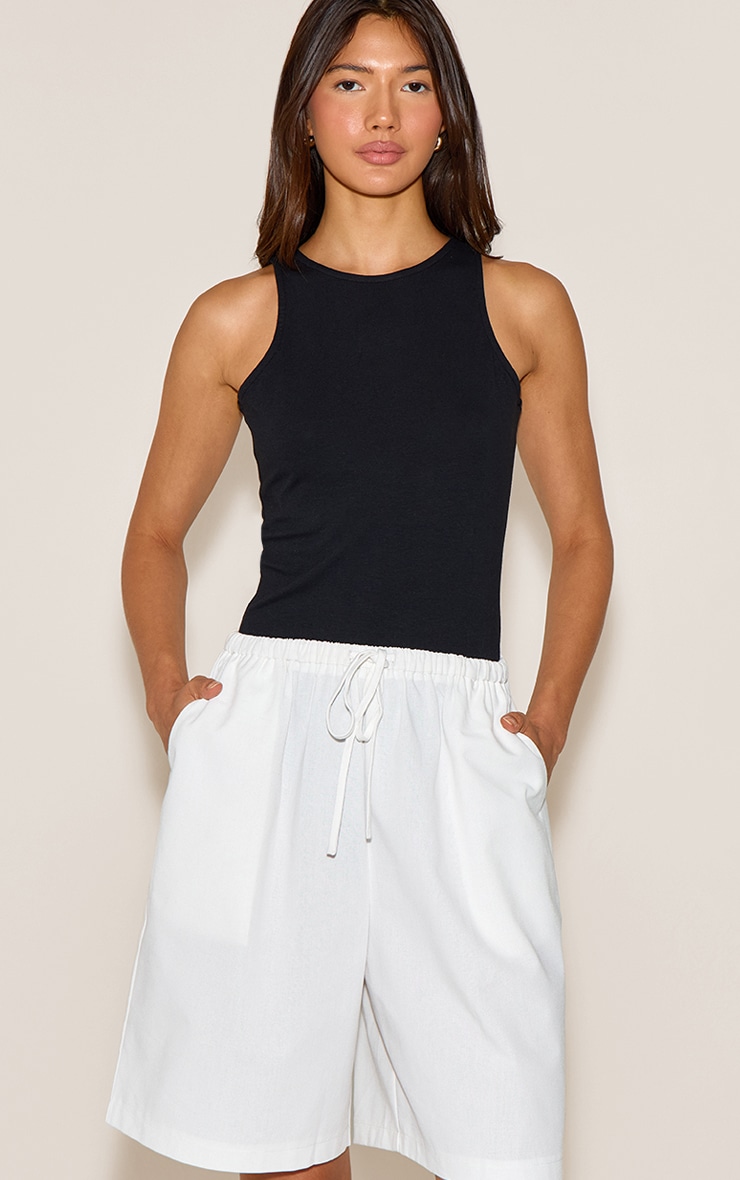 White Linen Blend Longline Shorts image 4
