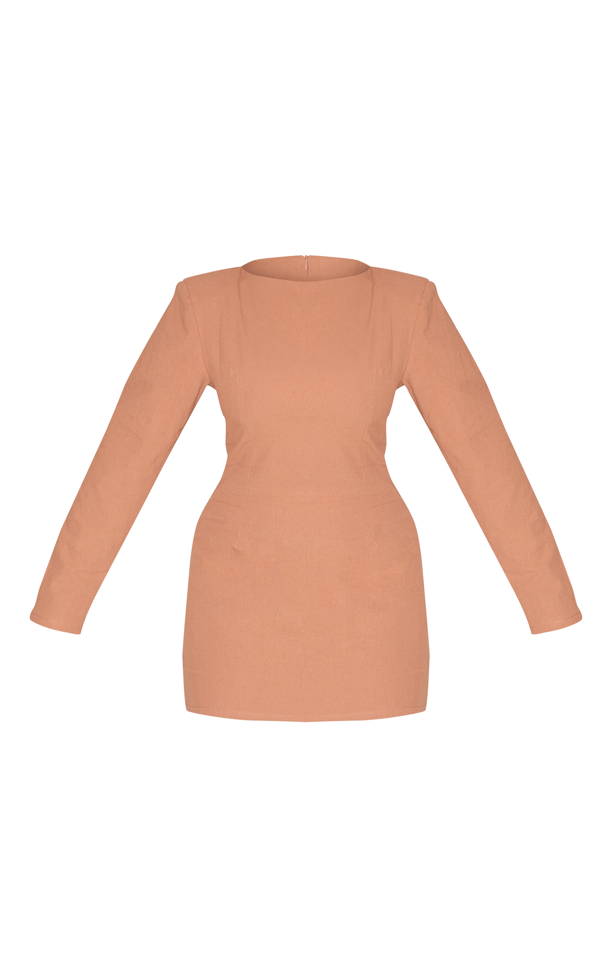 Shape Mocha Linen Look Boat Neck Shoulder Pad Mini Dress image 5
