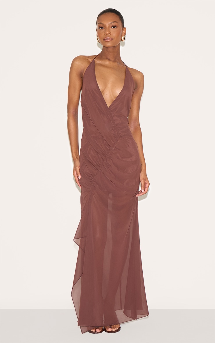 Chocolate Chiffon Asymmetric Ruched Maxi Dress image 3