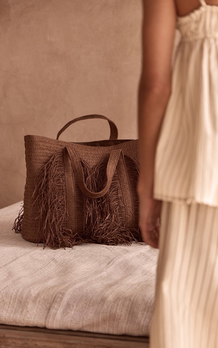 Chocolate Raffia Fringe Tote Bag