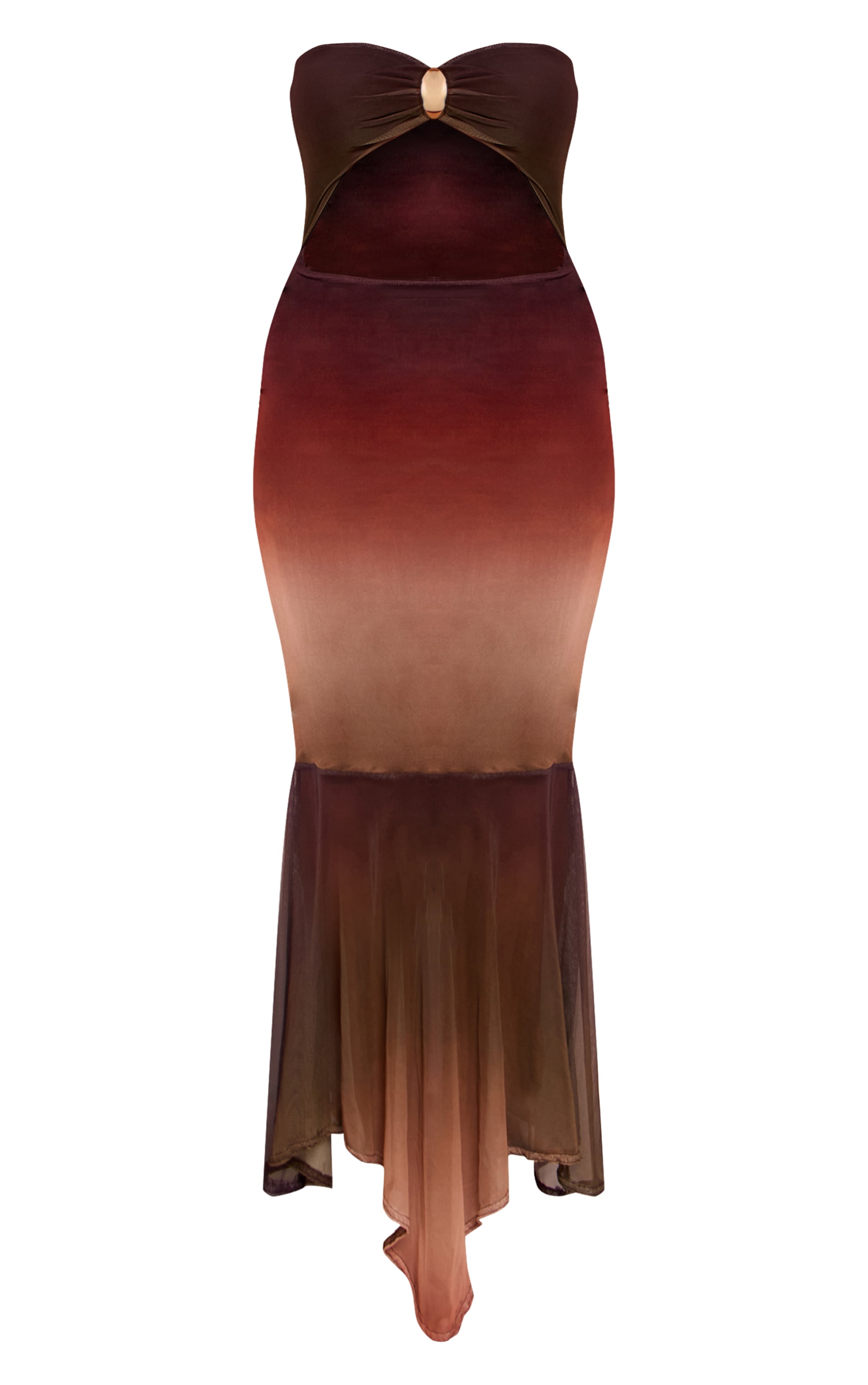 Shape Brown Ombre Print Bandeau Gold Trim Dropped Hem Maxi Dress image 5