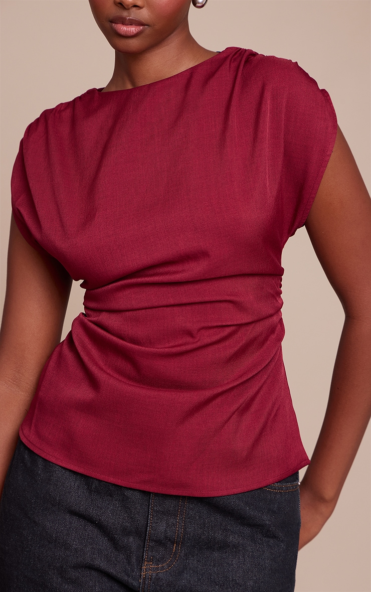 Burgundy Satin Ruched Side Top  image 4
