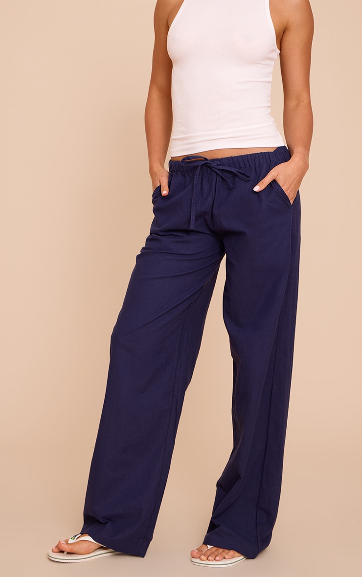 Tall Navy Linen Drawstring Waist Pants image 2