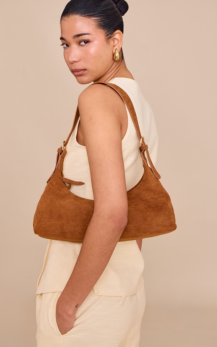 Tan Suede Elongated Curved Shoulder Bag image 1