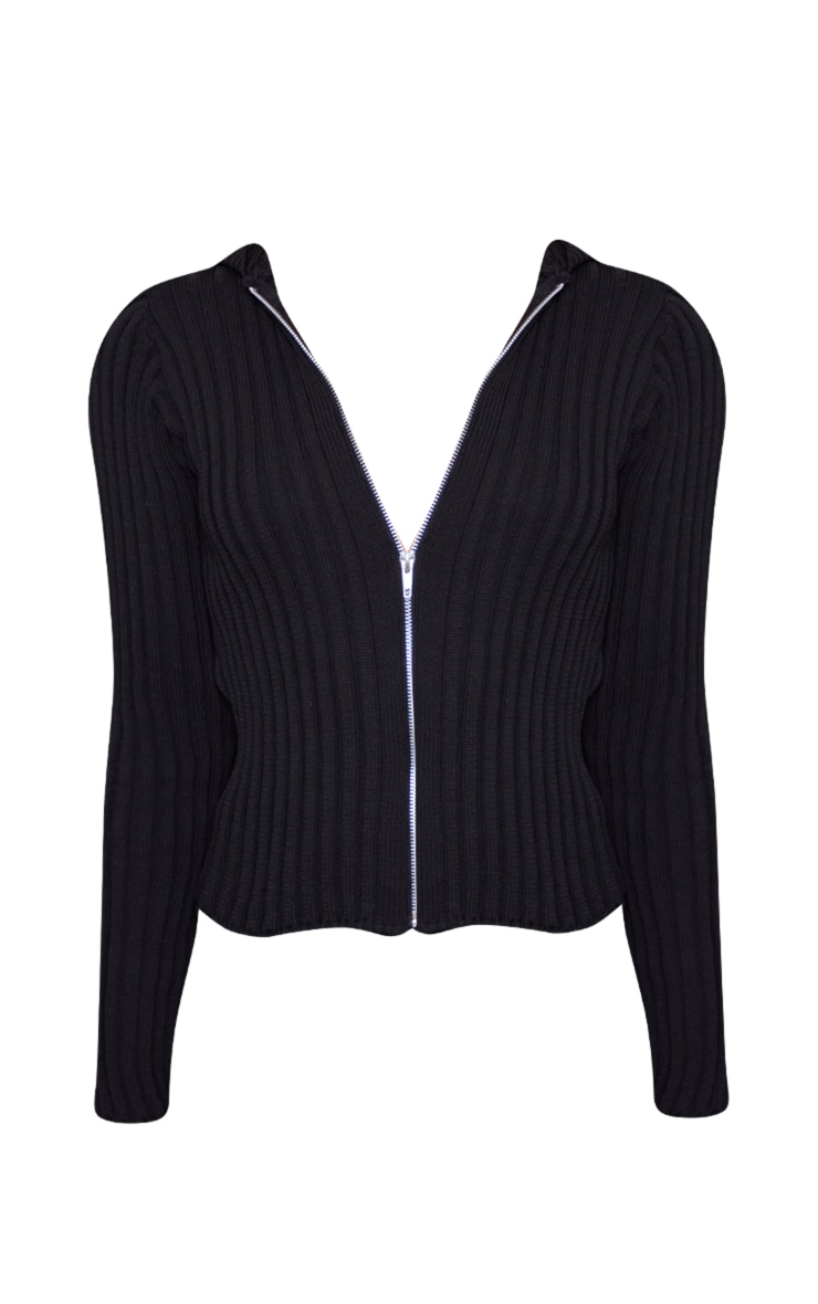 Black Wide Rib Knit Zip Through Hoodie image 5