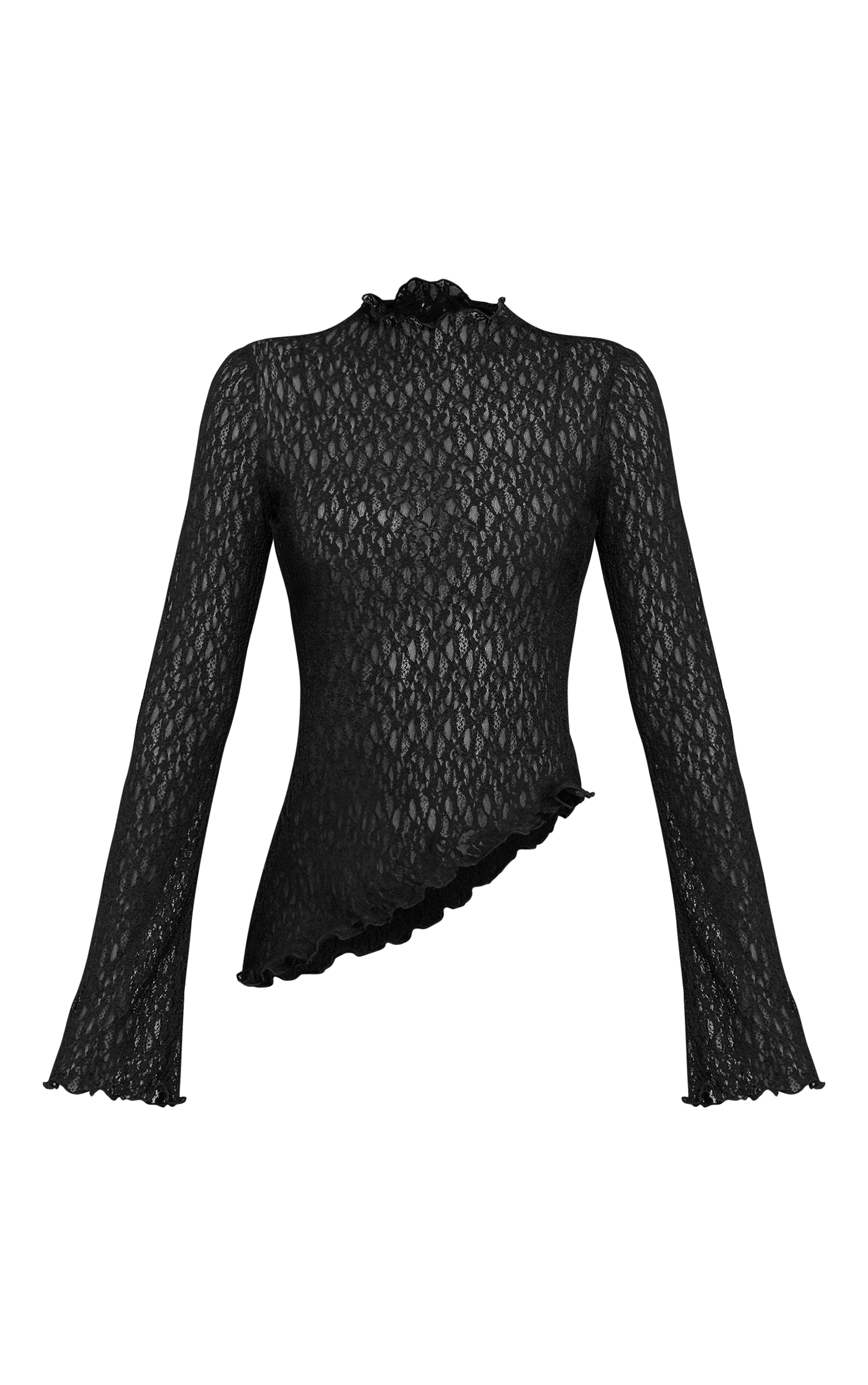 Black Sheer Lace Asymmetric Long Top | Co-ords