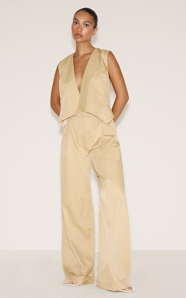 Camel Woven Tailored Asymmetric Vest Jumpsuit