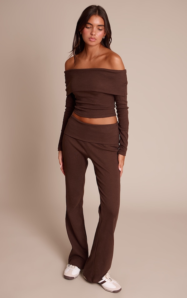 Chocolate Brown Fold Over Straight Leg Pant 