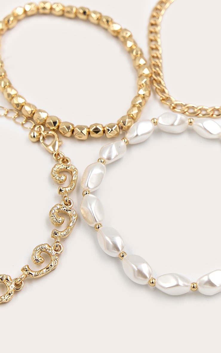 Gold Textured Layered Bracelet With Pearl Detail image 3