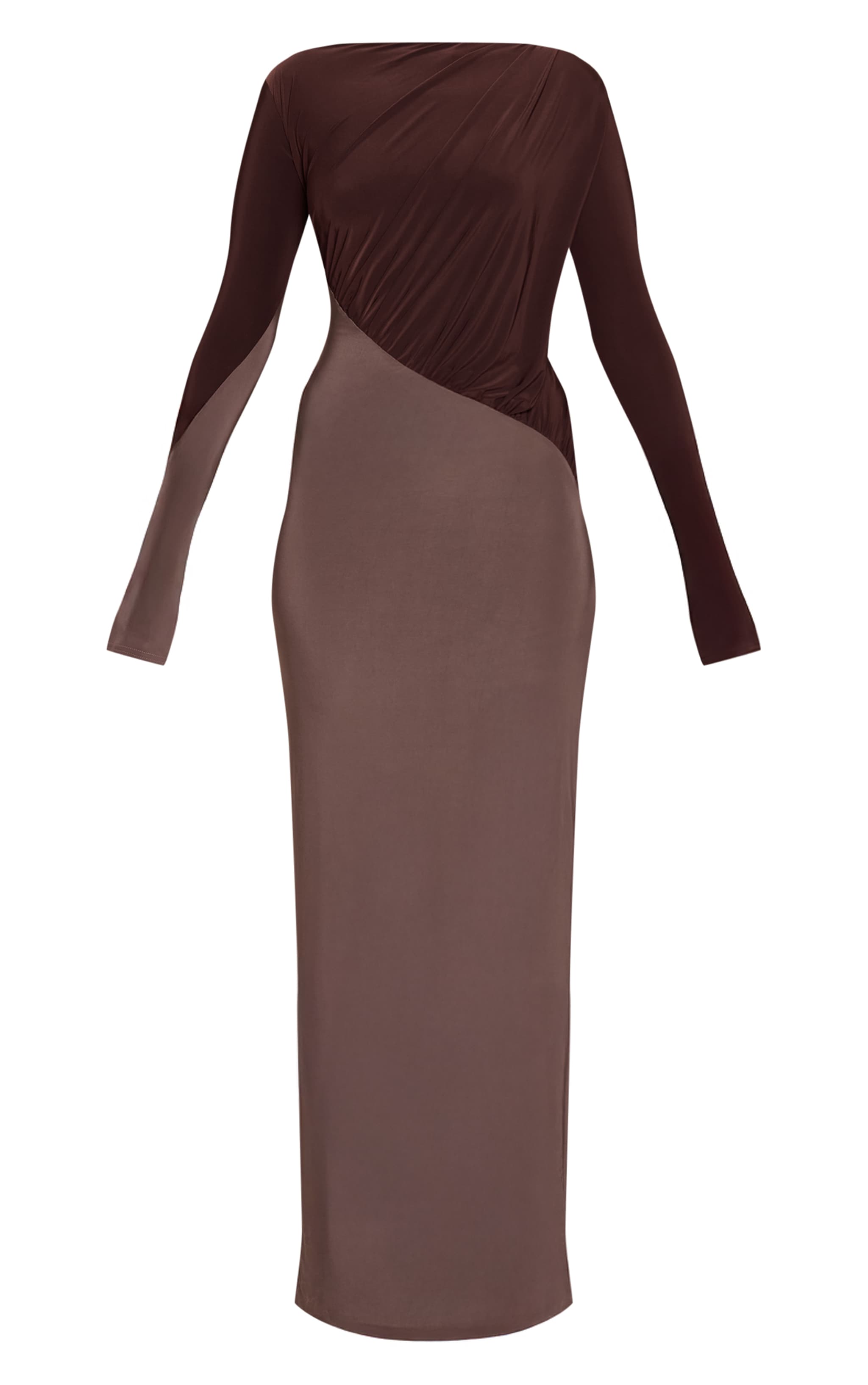 Chocolate Slinky Contrast Panel Long Sleeve Maxi Dress image 5