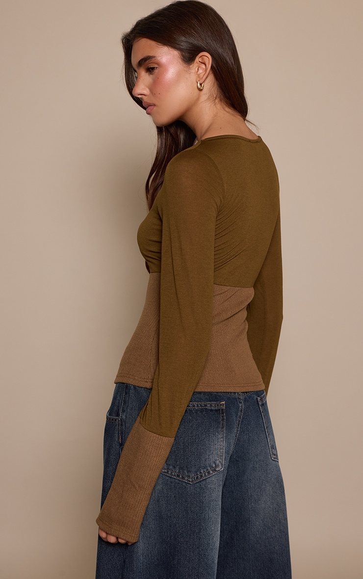 Dark Khaki Contrast Jersey Rib Long Sleeve Fitted Top image 2