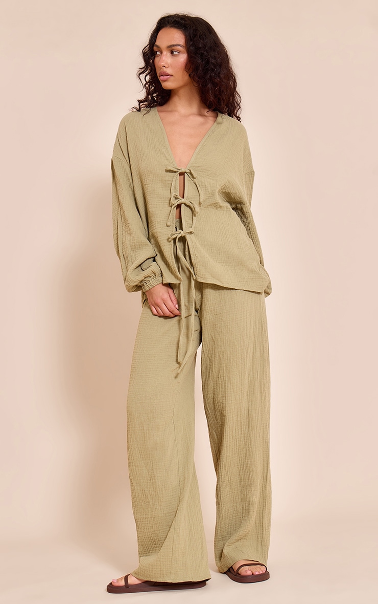 Khaki Cheesecloth Textured Wide Leg Pants image 1