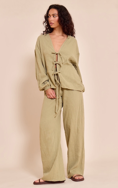 Pantalon large en étamine texturée kaki