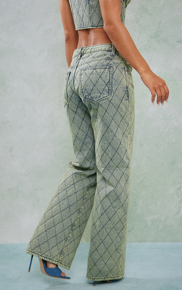  Vintage Wash Quilted Denim Fold Over Waist Straight Leg Jeans image 3