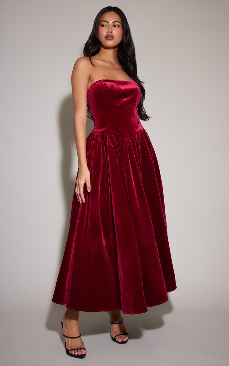Robe bustier longue en velours bordeaux image 3