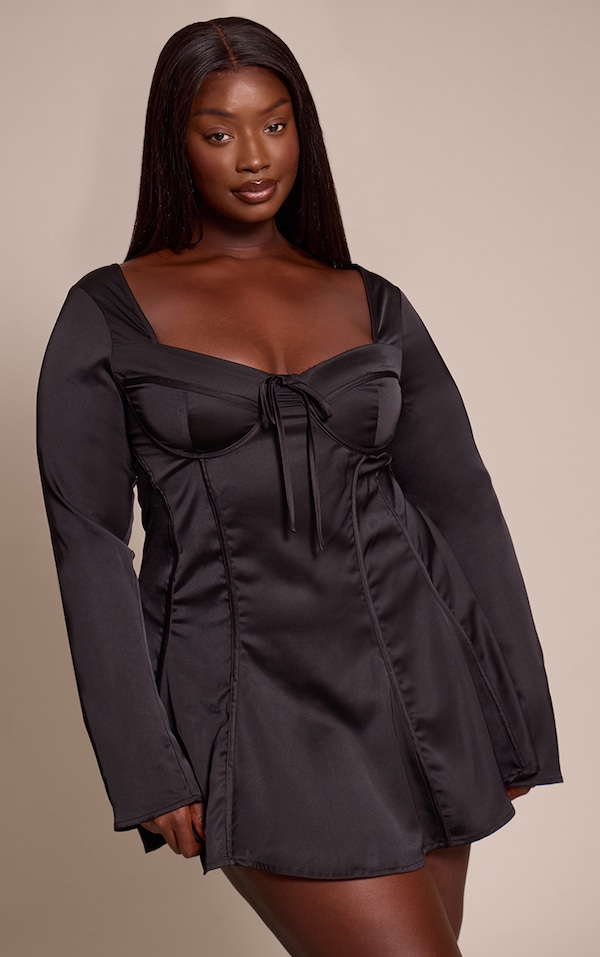 Plus Black Satin Long Sleeve Mini Dress