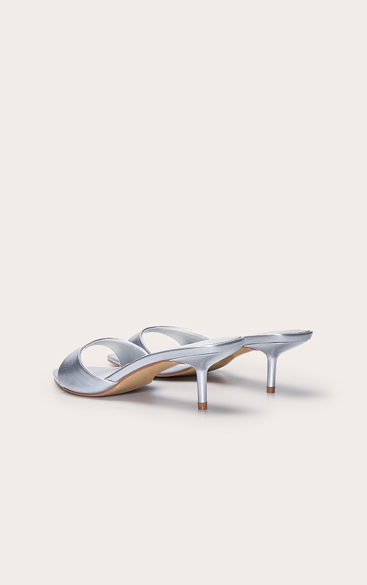 Silver Crinkle Point Toe Thin Strap Low Stiletto Heeled Mules image 4