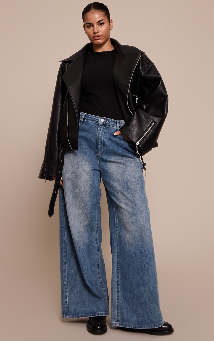 Plus Black Oversized Biker  Faux Leather Jacket image 3