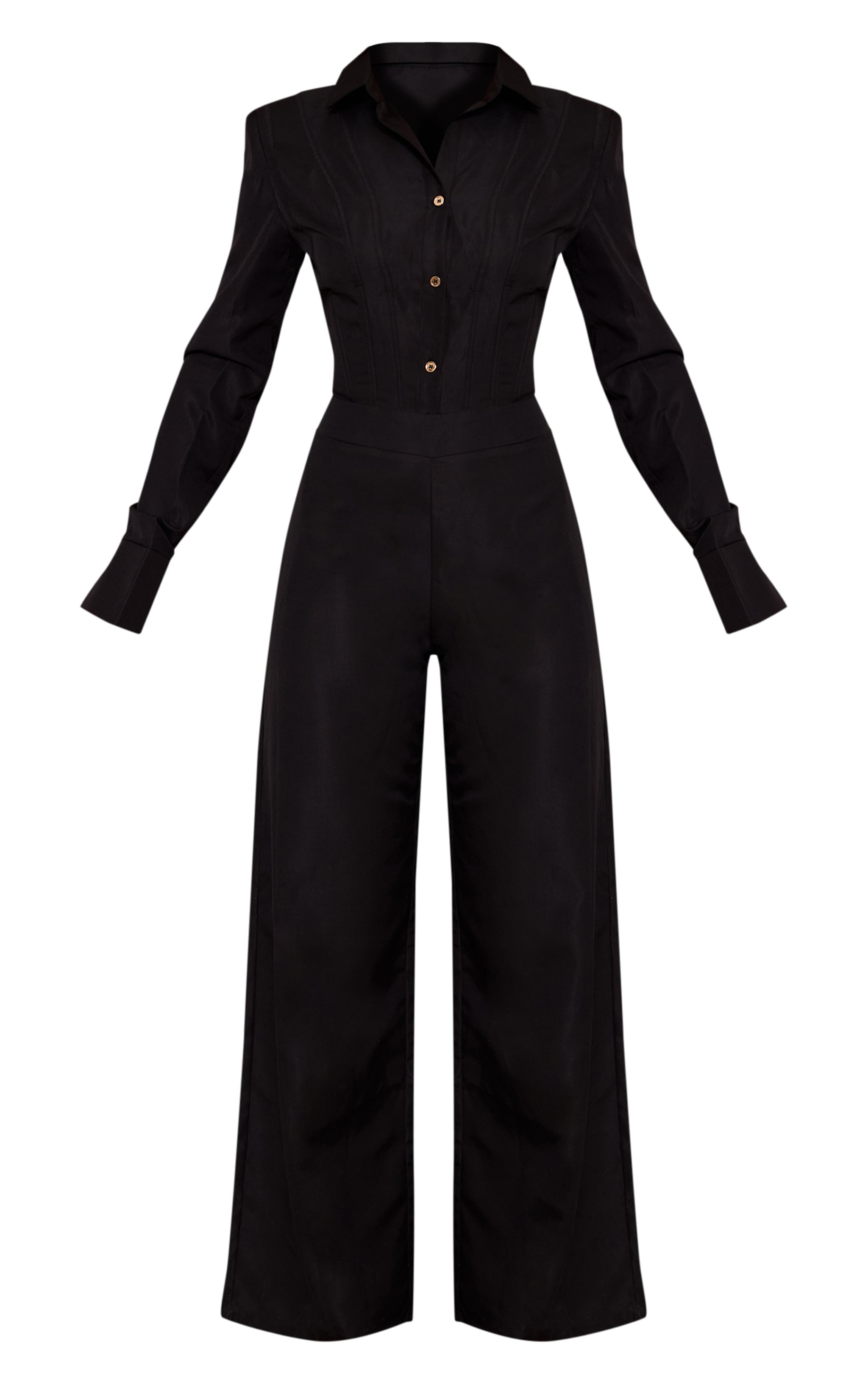 Black Woven Button Detail Long Sleeve Jumpsuit image 5