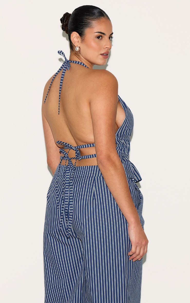 Plus Indigo Stripe Ruched Backless Halterneck Woven Top image 2