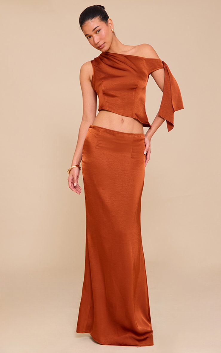 Rust Mid Rise Satin Maxi Skirt image 4