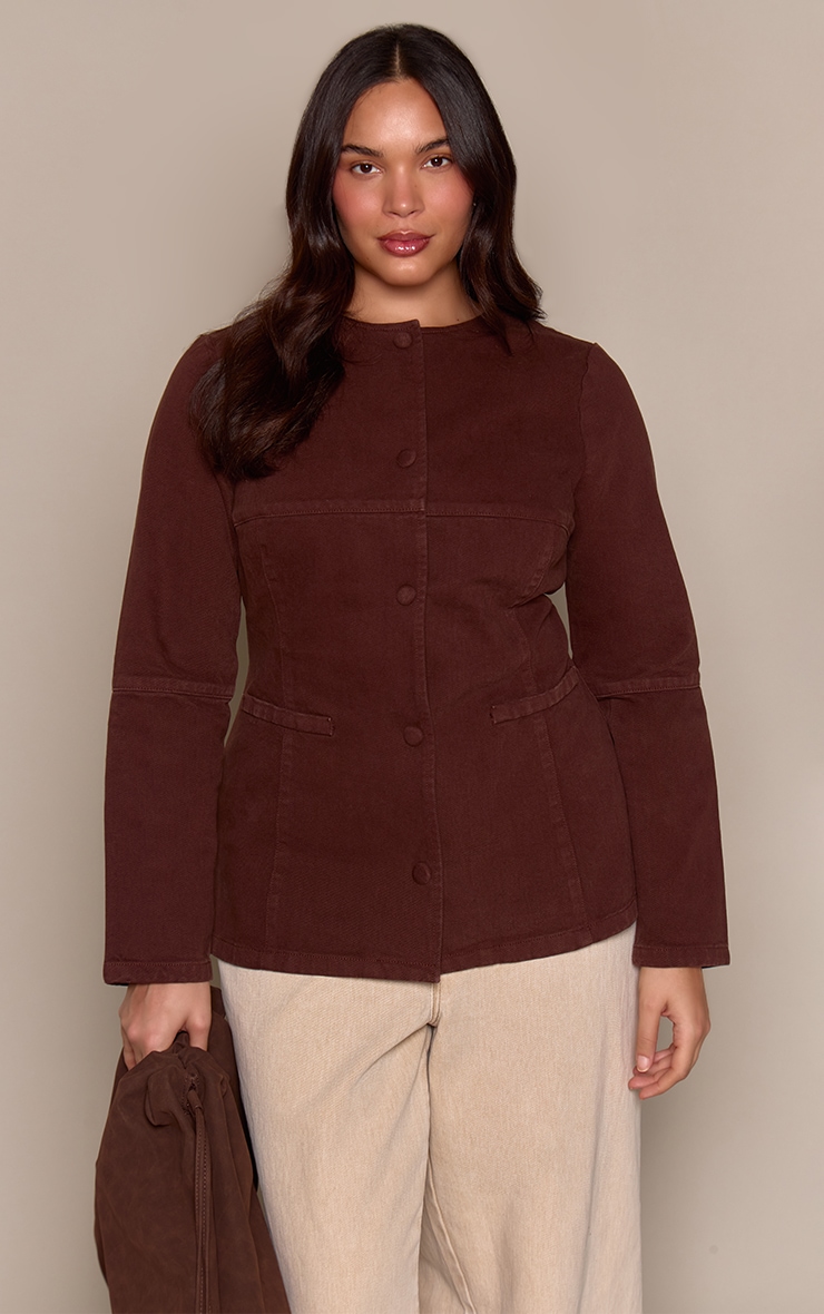 Plus Brown Denim Round Neck Shirt