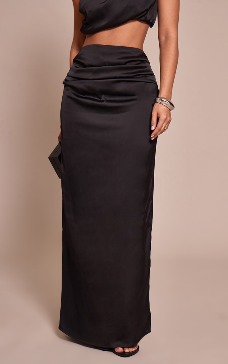 Petite Black Satin Drape Maxi Skirt image 2