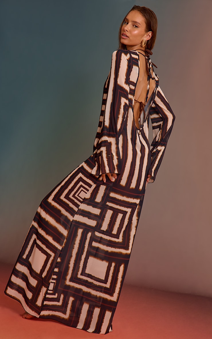 Brown Geometric Chiffon Ring Detail Beach Dress image 2