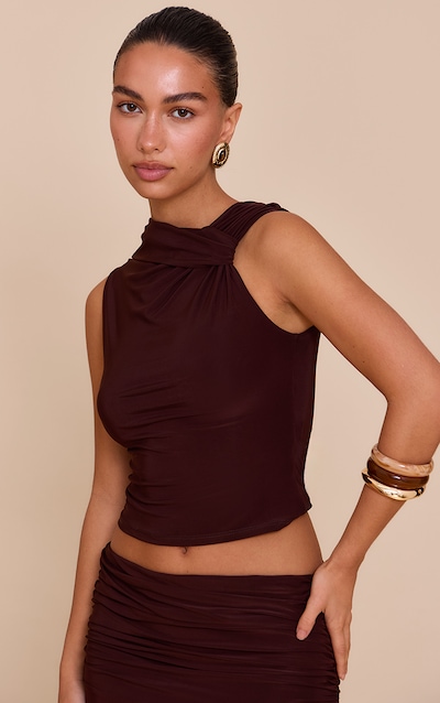 Chocolate Brown Double Layer Slinky Neck Detail Long Top