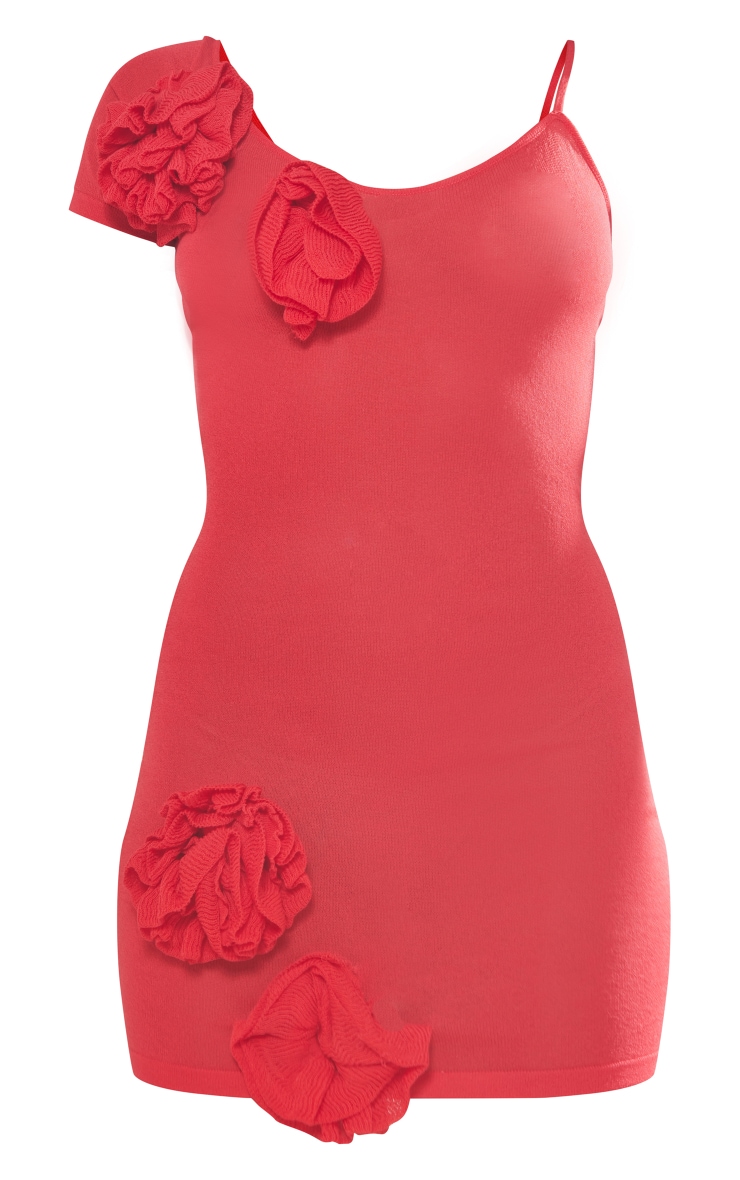 Red Sheer Knit Flower Embellished Dress image 5